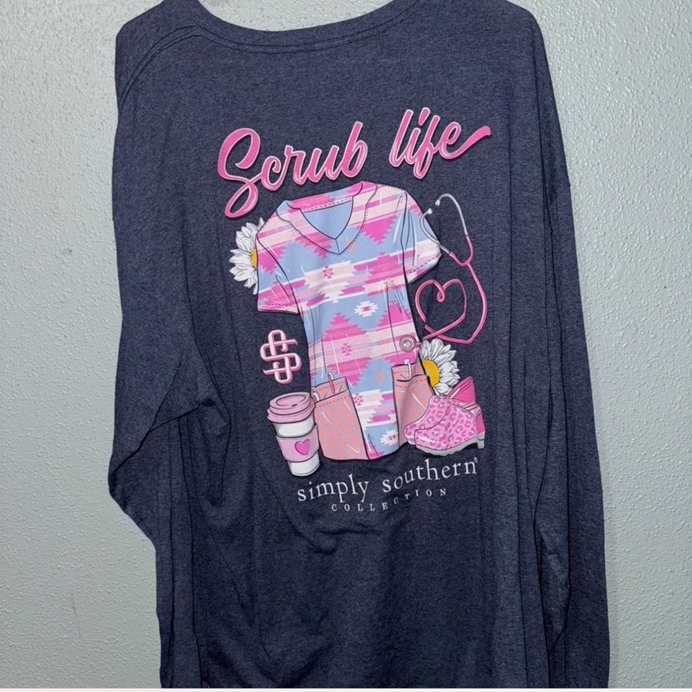 Simply Southern Dark Blue Shirt with Pink Logo Scrub Life - Picture 3 of 3